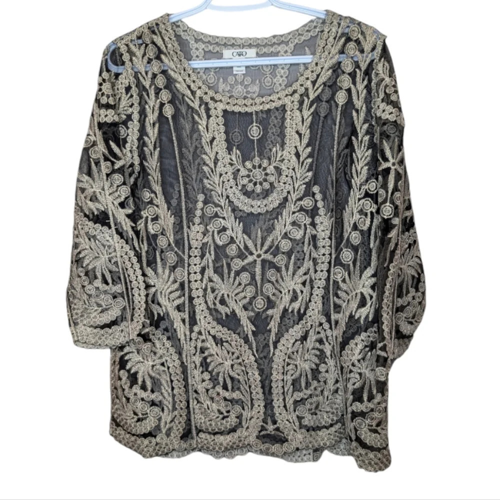 CATO Embroidered Detail Sheer Top Black & Champagne Formal Blouse Small